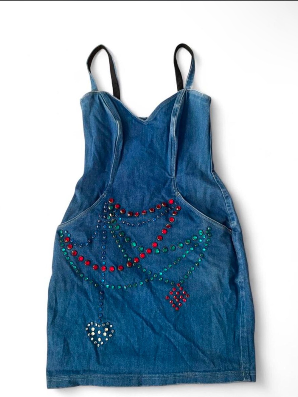 Vintage 80s  Denim RhinestoneDress Sweetheart Neckline Bedazzled Made in USA